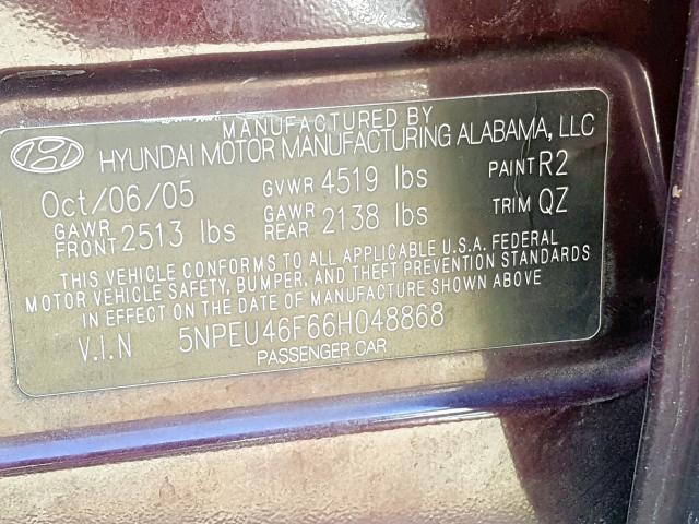 5NPEU46F66H048868 - 2006 HYUNDAI SONATA MAROON photo 10