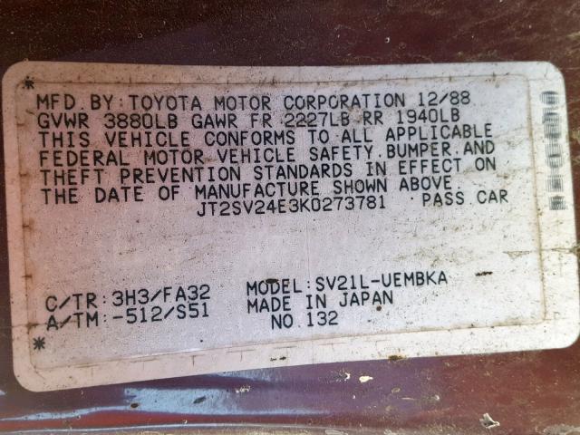 JT2SV24E3K0273781 - 1989 TOYOTA CAMRY MAROON photo 10