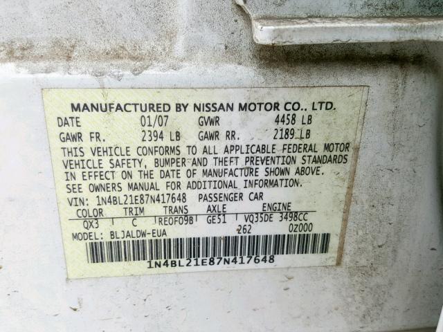 1N4BL21E87N417648 - 2007 NISSAN ALTIMA 3.5 WHITE photo 10