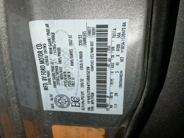 1FMEU75847UB83239 - 2007 FORD EXPLORER L SILVER photo 10