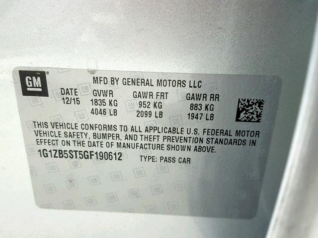 1G1ZB5ST5GF190612 - 2016 CHEVROLET MALIBU LS SILVER photo 10