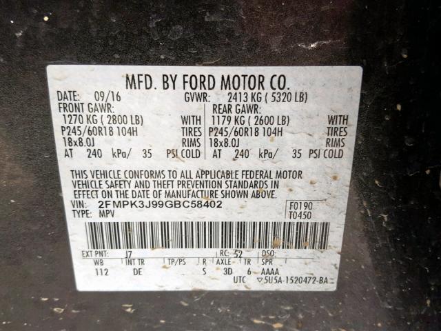 2FMPK3J99GBC58402 - 2016 FORD EDGE SEL CHARCOAL photo 10