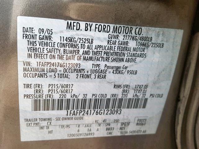 1FAFP24176G123093 - 2006 FORD FIVE HUNDR SILVER photo 10