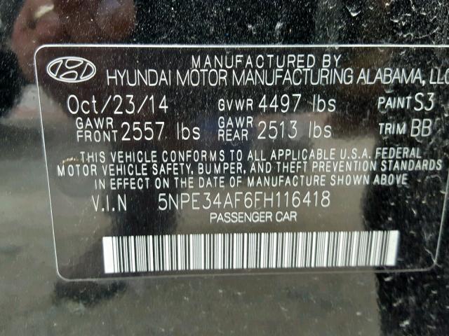 5NPE34AF6FH116418 - 2015 HYUNDAI SONATA SPO BLACK photo 10