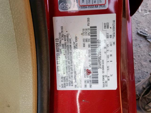 3FAHP08Z28R276182 - 2008 FORD FUSION SEL RED photo 10