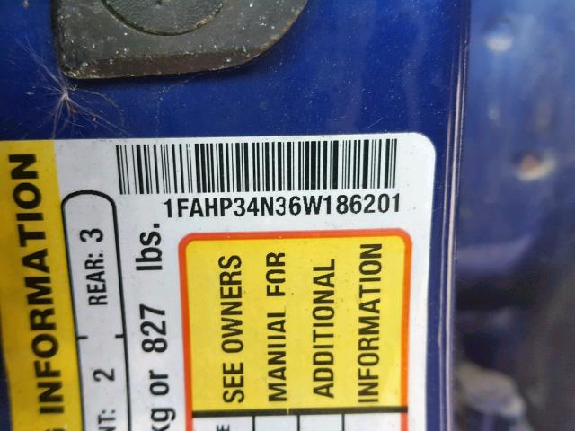 1FAHP34N36W186201 - 2006 FORD FOCUS ZX4 BLUE photo 10