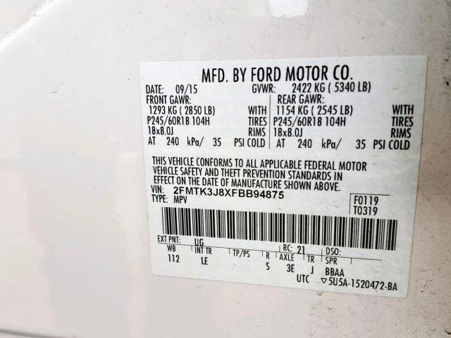 2FMTK3J8XFBB94875 - 2015 FORD EDGE SEL WHITE photo 10