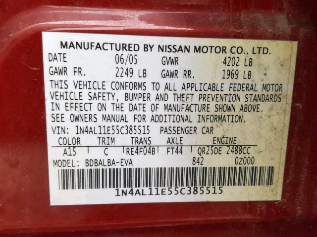 1N4AL11E55C385515 - 2005 NISSAN ALTIMA S RED photo 10