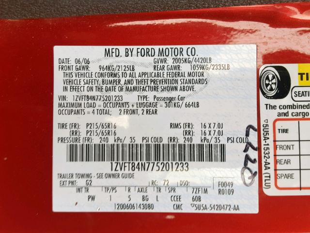 1ZVFT84N775201233 - 2007 FORD MUSTANG RED photo 10