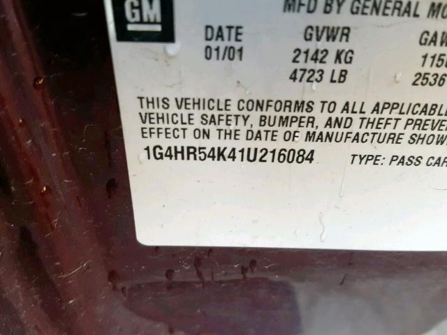 1G4HR54K41U216084 - 2001 BUICK LESABRE LI MAROON photo 10