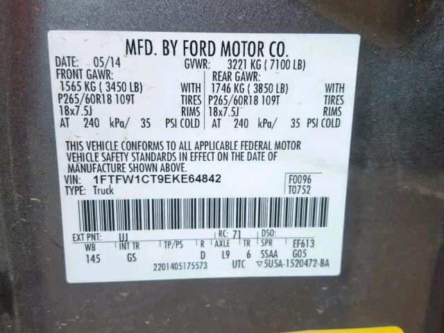 1FTFW1CT9EKE64842 - 2014 FORD F150 SUPER GRAY photo 10