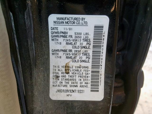 JN8DR09Y92W719221 - 2002 NISSAN PATHFINDER BLACK photo 10