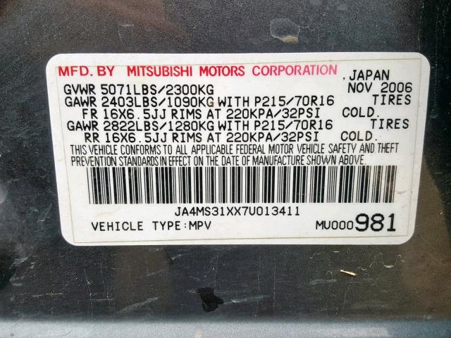 JA4MS31XX7U013411 - 2007 MITSUBISHI OUTLANDER CHARCOAL photo 10