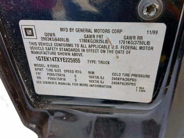 1GTEK14TXYE225955 - 2000 GMC NEW SIERRA BLUE photo 10