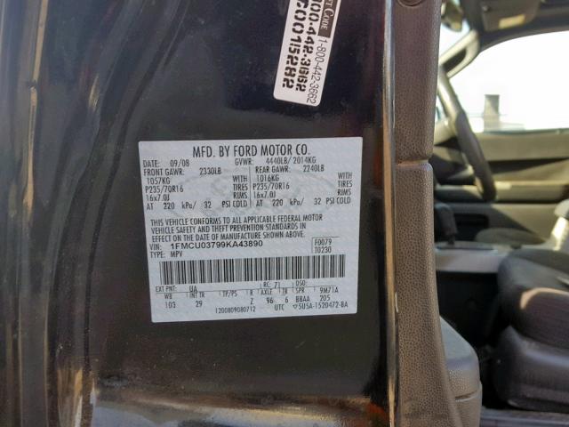 1FMCU03799KA43890 - 2009 FORD ESCAPE XLT BLACK photo 10