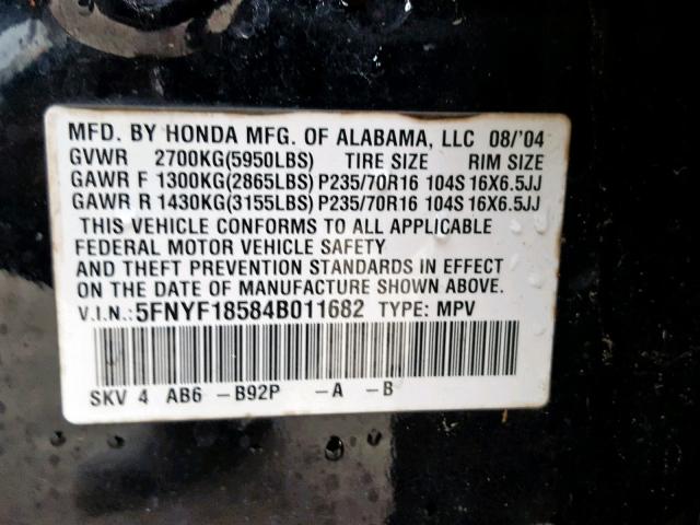 5FNYF18584B011682 - 2004 HONDA PILOT EXL BLACK photo 10