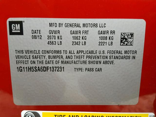 1G11H5SA6DF137231 - 2013 CHEVROLET MALIBU LTZ წითელი ფოტო 10
