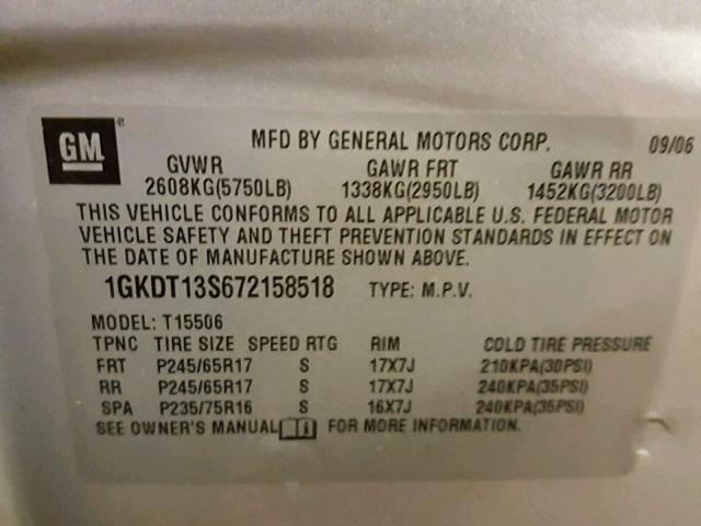 1GKDT13S672158518 - 2007 GMC ENVOY SILVER photo 10