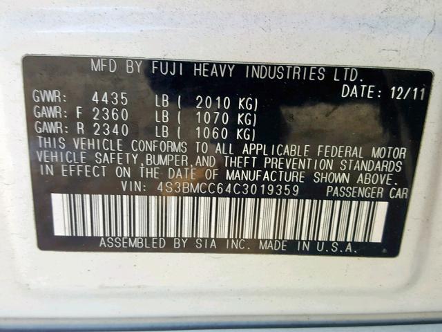 4S3BMCC64C3019359 - 2012 SUBARU LEGACY 2.5 თეთრი ფოტო 10