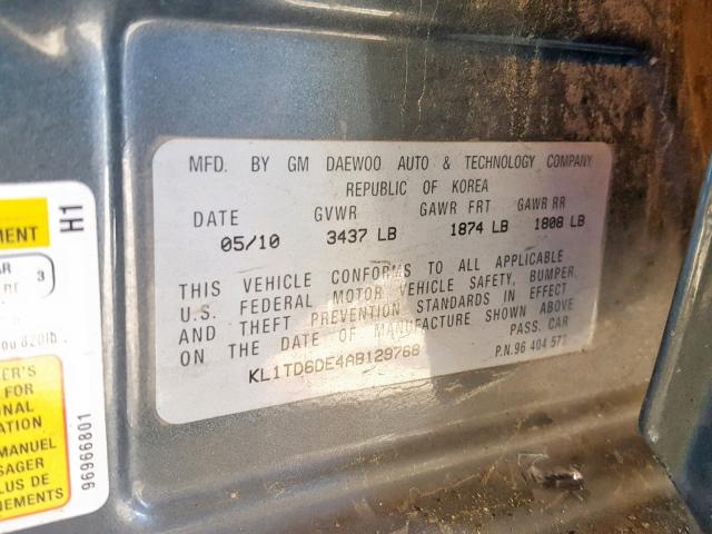 KL1TD6DE4AB129768 - 2010 CHEVROLET AVEO LS GRAY photo 10