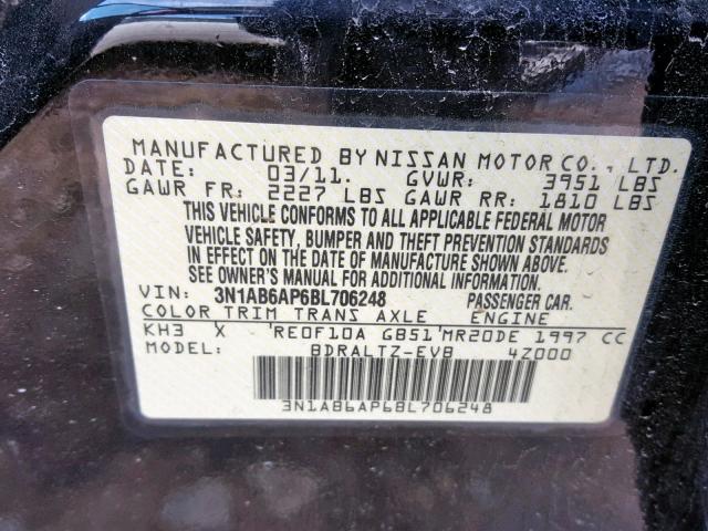 3N1AB6AP6BL706248 - 2011 NISSAN SENTRA 2.0 BLACK photo 10