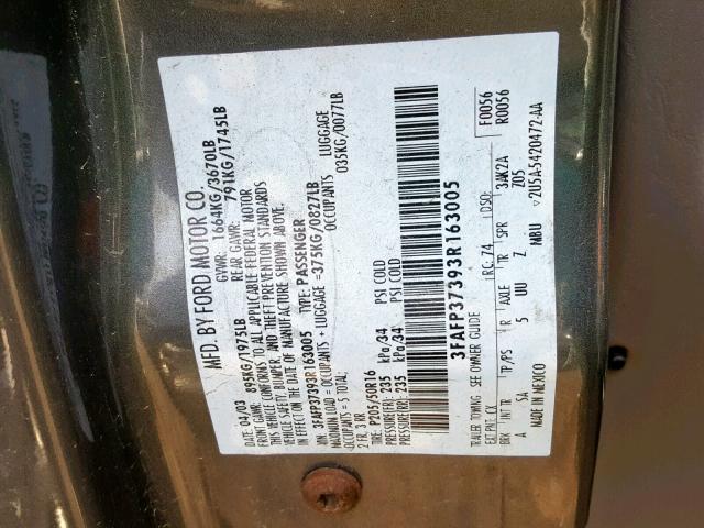 3FAFP37393R163005 - 2003 FORD FOCUS ZX5 GRAY photo 10