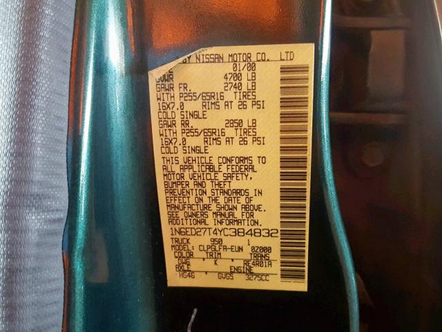 1N6ED27T4YC384832 - 2000 NISSAN FRONTIER C GREEN photo 10