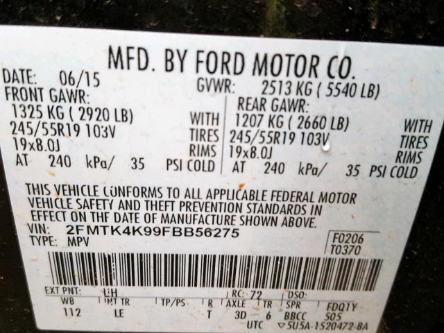 2FMTK4K99FBB56275 - 2015 FORD EDGE TITAN BLACK photo 10