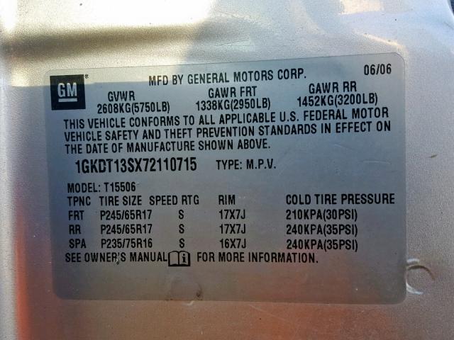 1GKDT13SX72110715 - 2007 GMC ENVOY SILVER photo 10