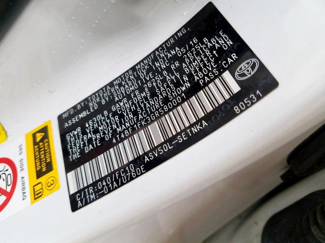 4T4BF1FK3GR580001 - 2016 TOYOTA CAMRY LE თეთრი ფოტო 10