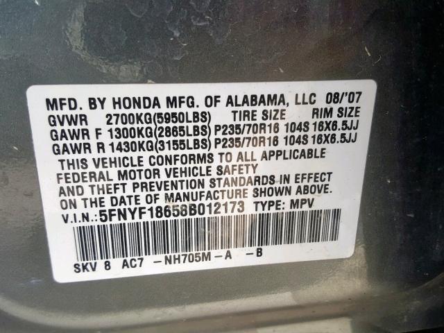 5FNYF18658B012173 - 2008 HONDA PILOT EXL GRAY photo 10