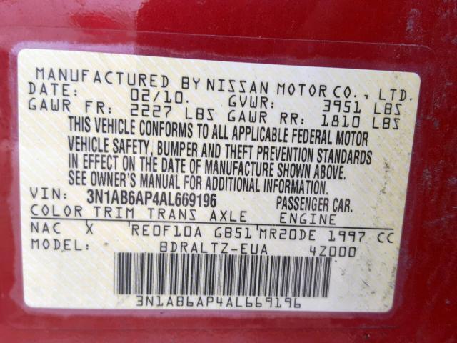 3N1AB6AP4AL669196 - 2010 NISSAN SENTRA 2.0 RED photo 10