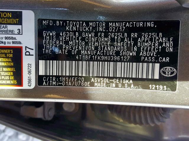 4T1BF1FK9HU396127 - 2017 TOYOTA CAMRY LE 灰色 照片 10