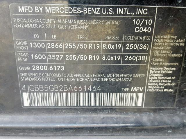 4JGBB5GB2BA661464 - 2011 MERCEDES-BENZ ML 350 BLACK photo 10