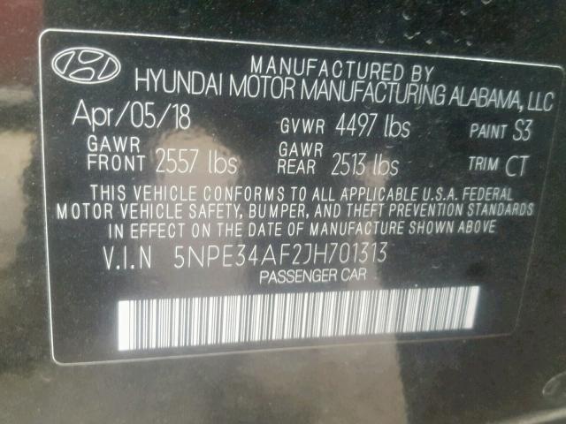 5NPE34AF2JH701313 - 2018 HYUNDAI SONATA SPO BLACK photo 10