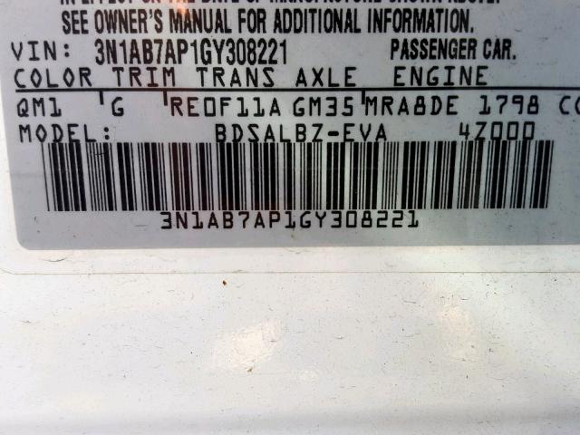 3N1AB7AP1GY308221 - 2016 NISSAN SENTRA S WHITE photo 10