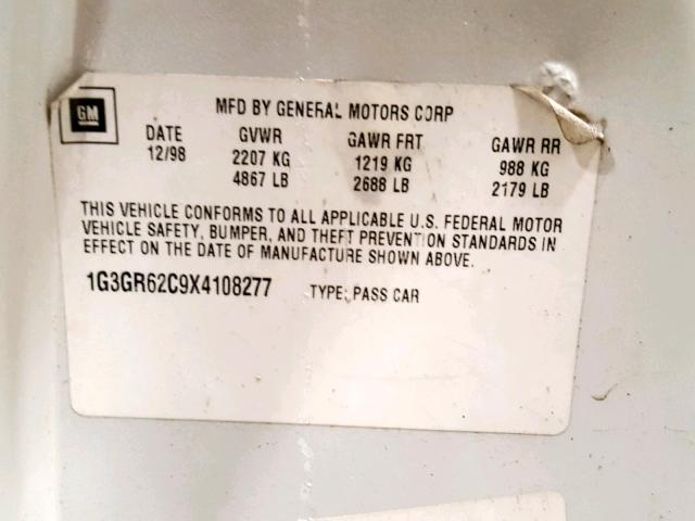 1G3GR62C9X4108277 - 1999 OLDSMOBILE AURORA WHITE photo 10