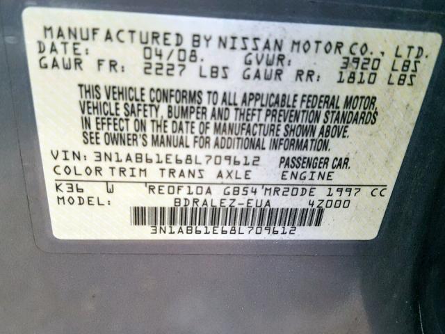 3N1AB61E68L709612 - 2008 NISSAN SENTRA 2.0 GRAY photo 10