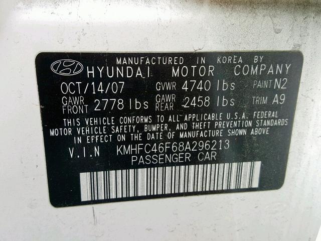 KMHFC46F68A296213 - 2008 HYUNDAI AZERA SE WHITE photo 10