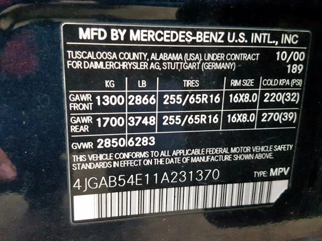 4JGAB54E11A231370 - 2001 MERCEDES-BENZ ML 320 GREEN photo 10