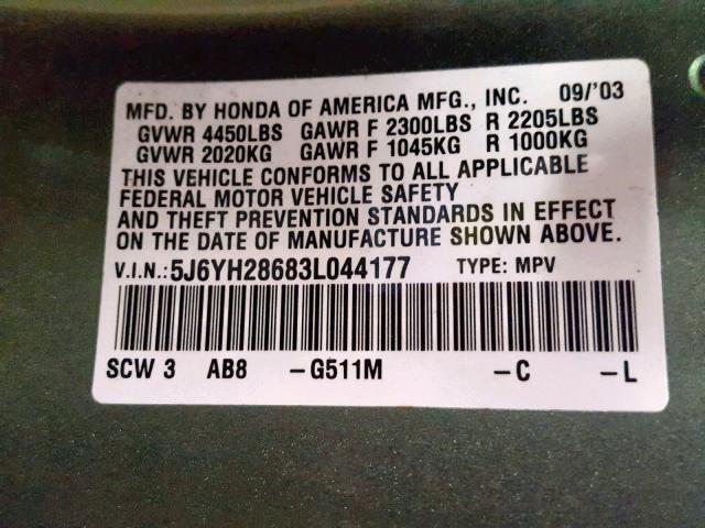 5J6YH28683L044177 - 2003 HONDA ELEMENT EX GREEN photo 10