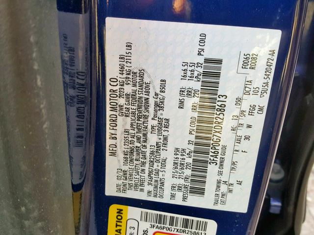 3FA6P0G7XDR258613 - 2013 FORD FUSION S BLUE photo 10