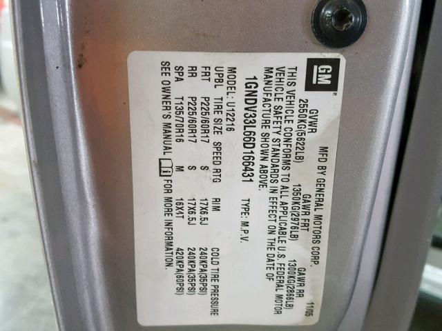 1GNDV33L66D166431 - 2006 CHEVROLET UPLANDER L Gümüş foto 10