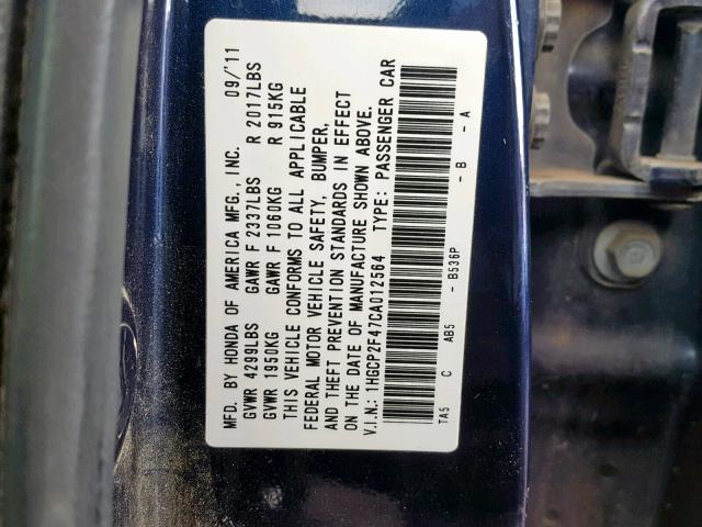 1HGCP2F47CA012564 - 2012 HONDA ACCORD LXP BLUE photo 10