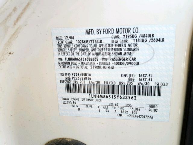 1LNHM86S15Y633562 - 2005 LINCOLN LS WHITE photo 10