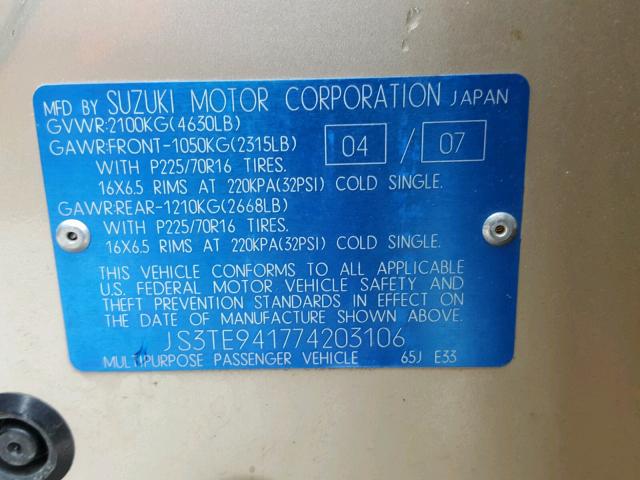 JS3TE941774203106 - 2007 SUZUKI GRAND VITA TAN photo 10