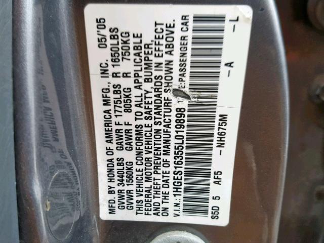 1HGES16355L019898 - 2005 HONDA CIVIC DX V GRAY photo 10