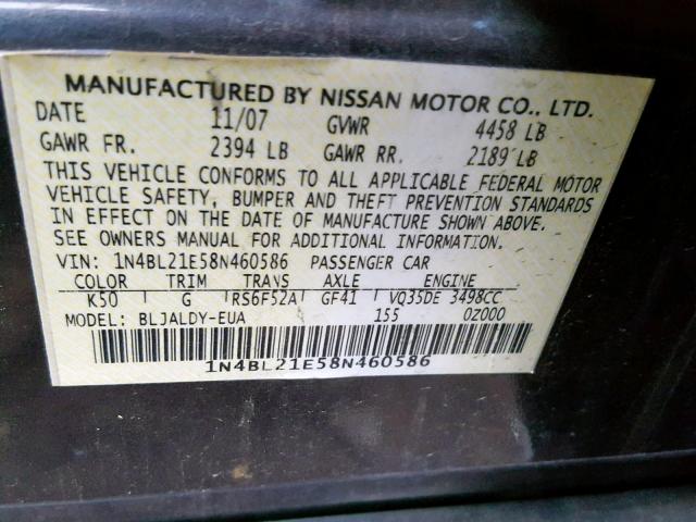 1N4BL21E58N460586 - 2008 NISSAN ALTIMA 3.5 GRAY photo 10