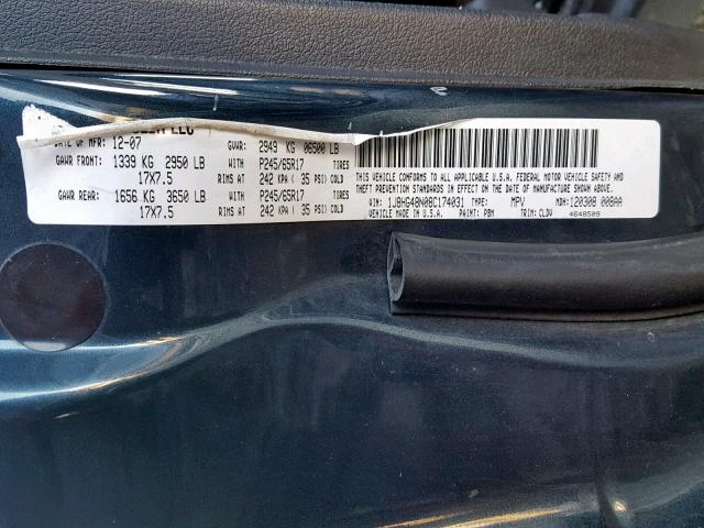 1J8HG48N08C174031 - 2008 JEEP COMMANDER ლურჯი ფოტო 10