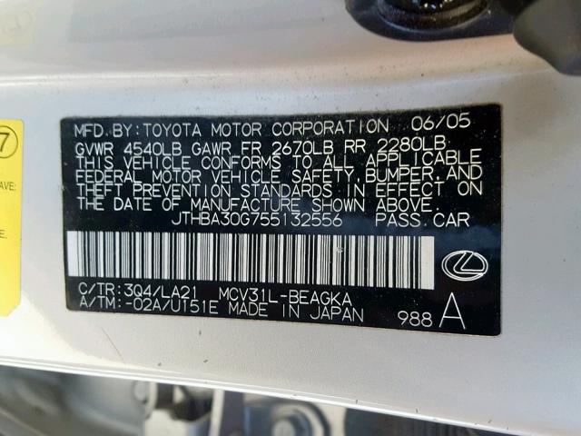 JTHBA30G755132556 - 2005 LEXUS ES 330 SILVER photo 10